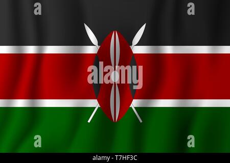 Kenya realistico sventola bandiera illustrazione vettoriale. Paese nazionale simbolo dello sfondo. Giorno di indipendenza. Illustrazione Vettoriale
