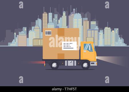 Consegna notturna carrello con pacco gigante guidando lungo lo skyline della citta' design piatto illustrazione vettoriale Illustrazione Vettoriale