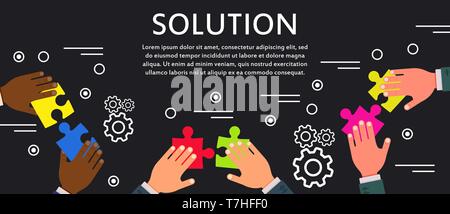 Soluzione il concetto di business communication technology icona vettore. Idea di successo segno di lavoro. Persona puzzle di gestione strategia impostata. Marketing creativo insp Illustrazione Vettoriale