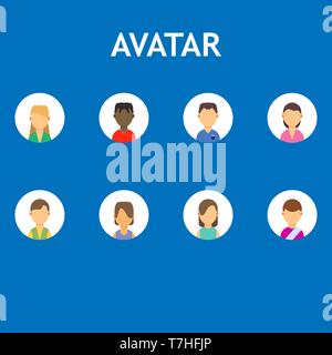 Avatar business set isolato vettore simbolo icona piatta. Le persone di segno ritratto utente volto di personaggio. Maschio, femal profilo testa stile cartone animato. Carino persona gr Illustrazione Vettoriale