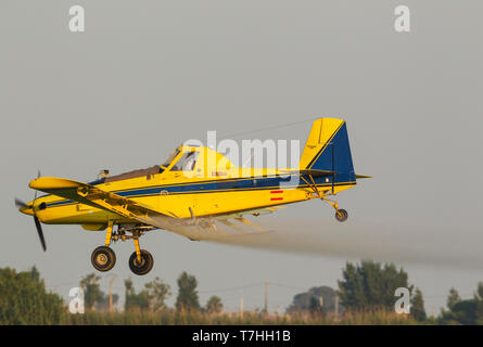 Crop duster piano volare basso mentre si spruzza un anti mosquito sostanza su campi di riso (Oryza sativa) e le zone umide circostanti. Foto Stock