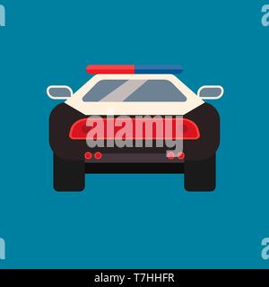 Auto della Polizia vista posteriore segno trasporti servizio urbano. Protezione nero veicolo d'emergenza sirena. Ufficiale di guardia icona vettore Illustrazione Vettoriale