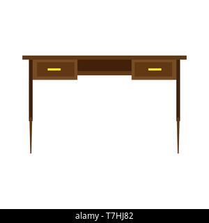 Desk office vista frontale della tabella vettore. Attività sul posto di lavoro in legno isolato icona piatta Illustrazione Vettoriale