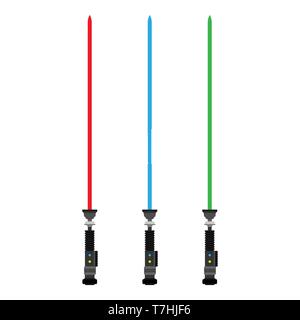 Light Saber set rosso, blu, verde star arma Spada futuristica lotta guerra icona vettore. Mano Jedi fantascienza futuro colore attrezzature al neon Illustrazione Vettoriale