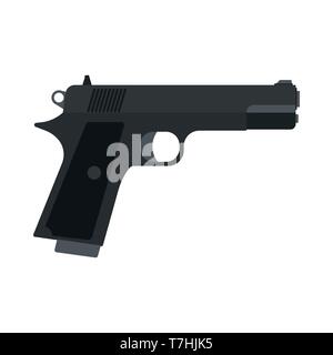 Pistola vista laterale in metallo di pericolo esercito difesa grafica. Piatto di pistola munizioni calibro 9 mm icona vettore. Pistola arma polizia Illustrazione Vettoriale