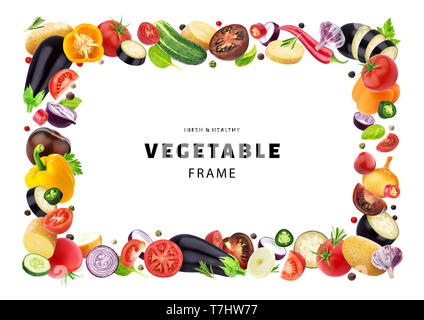 Origine vegetale isolato su sfondo bianco, cornice fatta di differenti battenti verdure, erbe e spezie, con copia spazio, fresco e sano modello alimentare Foto Stock