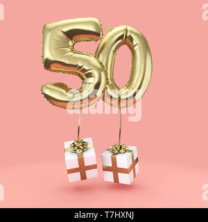 Numero 50 festa di compleanno di lamina di oro palloncino elio con presenta. 3D Render Foto Stock