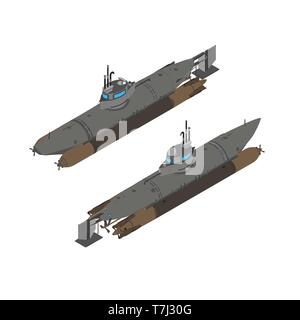 Sommergibile piatto isometrica illustrazione vettoriale nave icona design isolato per la difesa del mare Illustrazione Vettoriale