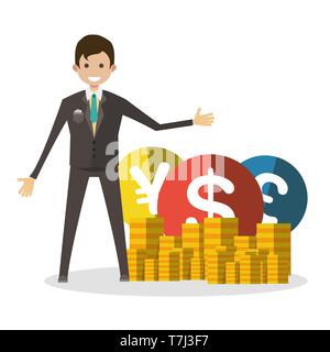 Imprenditore con monete vettore carattere piatto persone umane isolate finance Illustrazione Vettoriale