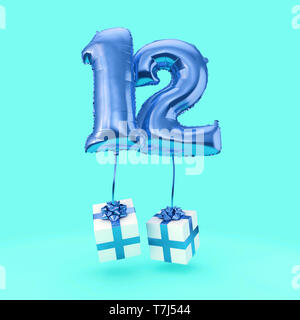 Numero 12 celebrazione di compleanno foil palloncino elio con presenta. 3D Render Foto Stock