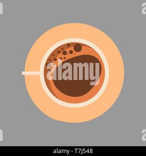 Tazza di caffè vista dall'alto piatto vettore closeup segno. Bevanda marrone aroma ristorante hot mug Illustrazione Vettoriale