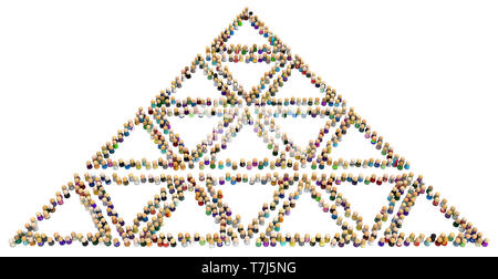 La Folla di piccole figure simboliche formando una forma piramidale, 3d'illustrazione, orizzontale, isolata su bianco Foto Stock