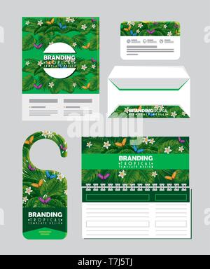 Impostare odf business branding tropicale il design di prodotto Illustrazione Vettoriale