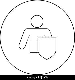 Stick uomo con scudo per la protezione dei dati personali concetto uomo con protezione per attacco riflettente protetti da attacchi idea icona in cerchio intorno Illustrazione Vettoriale