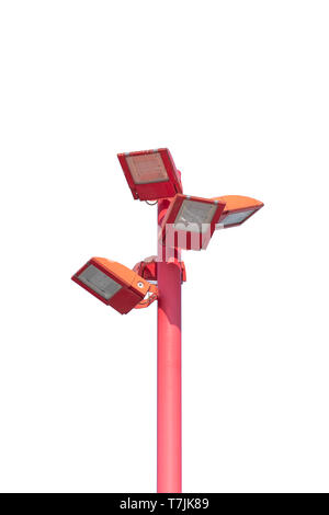 Close up di un led rosso palo di illuminazione con lampade a quattro isolati su uno sfondo bianco in verticale Foto Stock