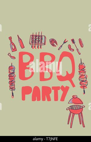 Grigliata composizione con testo. Il barbecue party flyer modello con handdrawn lettering. Simboli Cookout. Estate cucina outdoor elementi. Vector colo Illustrazione Vettoriale