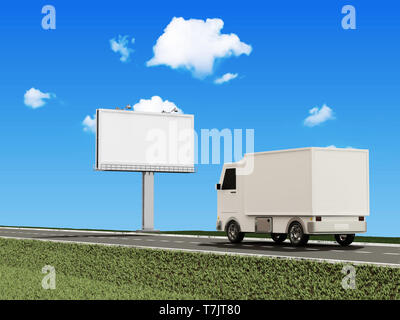 Consegna Van sulla strada asfaltata con vuoto Billboard Foto Stock