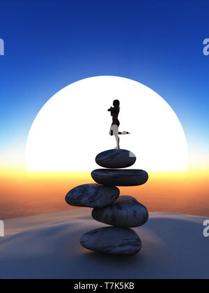 3D render di una femmina di yoga in posa sul bilanciamento delle pietre contro il cielo al tramonto Foto Stock