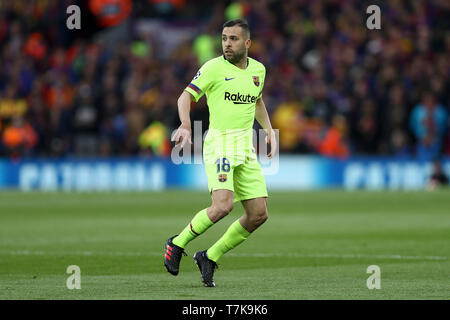 Liverpool, Regno Unito. 07 Maggio, 2019. Jordi Alba di Barcellona guarda a. UEFA Champions League semi final, seconda gamba corrispondono, Liverpool v Barcellona ad Anfield Stadium di Liverpool martedì 7 maggio 2019. Questa immagine può essere utilizzata solo per scopi editoriali. Solo uso editoriale, è richiesta una licenza per uso commerciale. Nessun uso in scommesse, giochi o un singolo giocatore/club/league pubblicazioni. pic da Chris Stading/Andrew Orchard fotografia sportiva/Alamy Live news Credito: Andrew Orchard fotografia sportiva/Alamy Live News Foto Stock