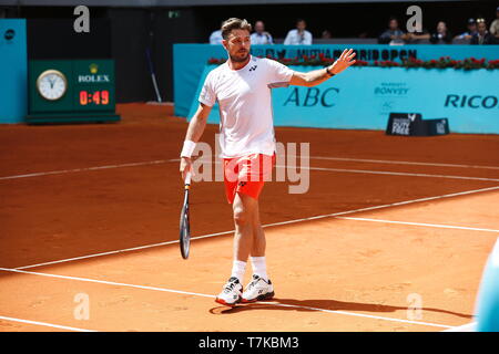 Madrid, Spagna. Il 7 maggio, 2019. Stan Wawrinka (SUI) Tennis : Stan Wawrinka della Svizzera durante Singles 1° round match contro Pierre-Hugues Herbert della Francia in ATP World Tour Masters 1000 Mutua Madrid Open torneo di tennis presso la Caja Magica a Madrid, Spagna . Credito: Mutsu Kawamori/AFLO/Alamy Live News Foto Stock