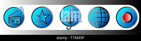 Musica e riprodurre le icone di gradiente in sfumature di blu. Set 4. Illustrazione vettoriale EPS 10 Illustrazione Vettoriale