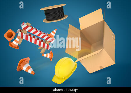 Il rendering 3d del cavo di alimentazione bundle, casco giallo, costruzione di barriera e coni arancione volare al di fuori della scatola di cartone su sfondo blu Foto Stock