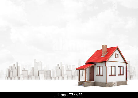 3D rendering della casa bianca con il tetto rosso su bianco città grattacieli sullo sfondo Foto Stock