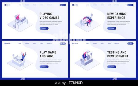 Composizione consistono di modello di pagina web per giocare con i videogiochi, nuova expirience, giocare e vincere e il test e lo sviluppo illustrazione vettoriale. Le persone che usano il computer per scopi diversi. Illustrazione Vettoriale
