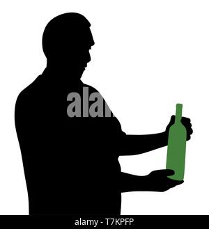 Uomo che guarda un bottiglia di alcool. L alcolismo tossicodipendenze problema. Illustrazione Vettoriale