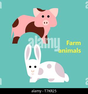 Gli animali della fattoria di maiale e di coniglio su semplice colore di sfondo. Flashcard educative per l'insegnamento prescolare in asilo nido. Piatto colorato stile cartoon Illustrazione Vettoriale