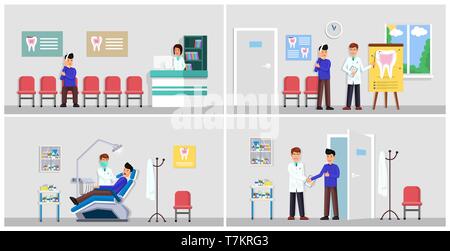 Composizione consistono di reception e sala odontic con persone illustrazione vettoriale. Dentista consultating e trattare il paziente con mal di denti in stile appartamento di design. Concetto Dentalcare Illustrazione Vettoriale
