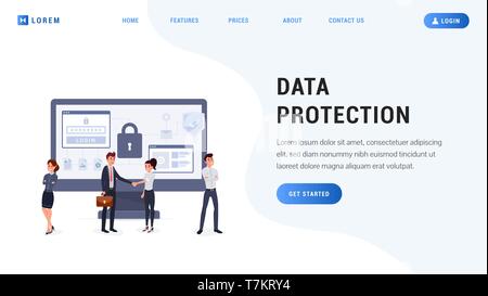 Pagina di destinazione di dati il concetto di protezione. La gente di affari con schermo di sicuro. Le persone a proteggere i loro dati sul dispositivo design piatto illustrazione vettoriale Illustrazione Vettoriale
