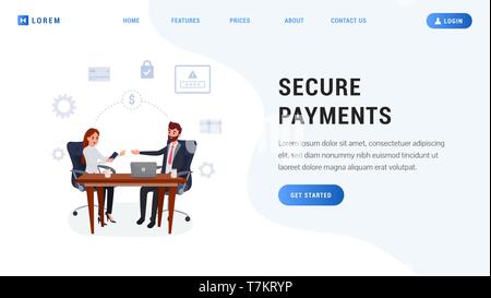 Pagamento sicuro sito Web concetto. Fattura elettronica di pagamento on line, finanziare la protezione dei dati. Sicurezza di denaro Illustrazione Vettoriale