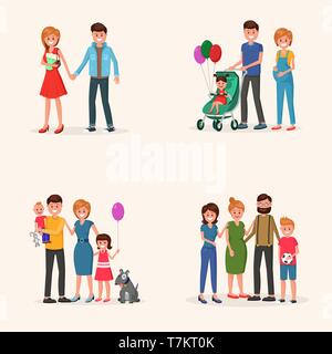 Set di storia di famiglia momenti della vita in uno stile piatto illustrazione vettoriale. Felice insieme concetto Illustrazione Vettoriale