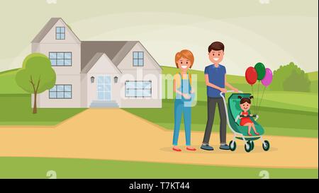 Il padre e la madre cammina con la figlia del neonato in carrozzina vicino casa in stile appartamento illustrazione vettoriale Illustrazione Vettoriale