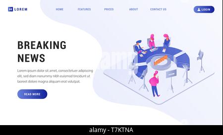 Sito web con altoparlanti seduti vicino al tavolo e uomo telecamera trasmette in diretta in camera high tech vettore illustrazione isometrica Illustrazione Vettoriale