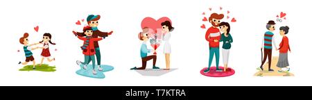 Cartoon gente di diversa età spendere del tempo con ogni altra illustrazione vettoriale. La storia dello sviluppo di relazioni. Un amore per la vita. Isolato su bianco Illustrazione Vettoriale