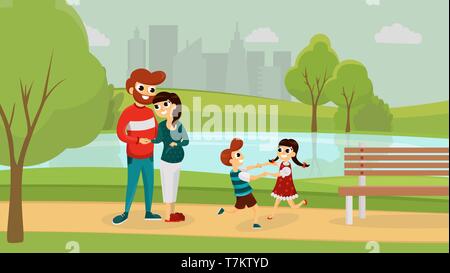 Il padre e la madre con bambini che si divertono nel parco in stile appartamento illustrazione vettoriale Illustrazione Vettoriale