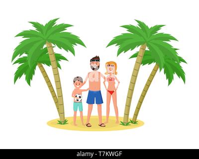 Madre padre e figlio sulla spiaggia d'oro. La famiglia felice in vacanza, vacanze concetto stile piatto illustrazione vettoriale Illustrazione Vettoriale