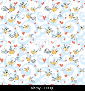 Vector seamless pattern con uccelli e cuori. Mano annegare pattern per nozze e bambini design, per avvolgere carta tessile o di sfondo. In stile cartone animato. Illustrazione Vettoriale