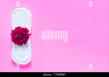 Assorbente igienico con una rosa rossa su di esso. Sul luminoso sfondo rosa. Periodo giorni concetto mostra femminile ciclo mestruale. Foto Stock