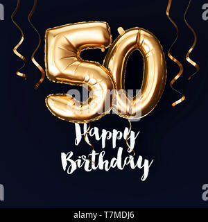 Felice cinquantesimo compleanno di lamina di oro sullo sfondo di palloncino con nastri. 3D Render Foto Stock