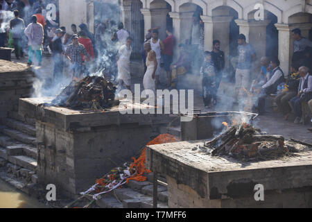 La combustione del legno per la cremazione dei corpi a ghat sul fiume Bagmati, Pashupatinath tempio indù, Kathmandu, Nepal Foto Stock