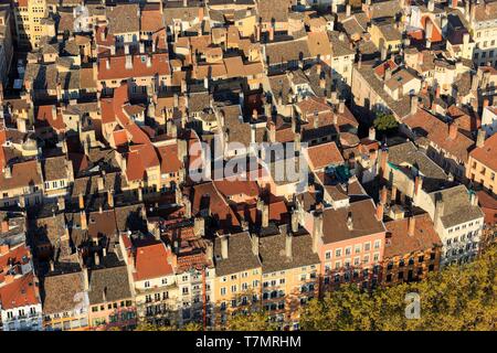 Francia, Rhone, Lione, 5° distretto, il vecchio quartiere di Lione, storico sito elencato come patrimonio mondiale dall' UNESCO (vista aerea) Foto Stock