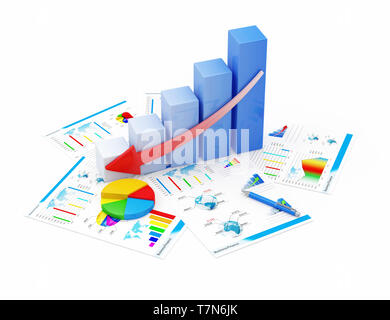 Business declino finanziario Analytics concetto. Grafico di Business declino, grafico a torta e relazioni finanziarie isolati su sfondo bianco Foto Stock