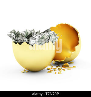 Business, finanziari, di successo o di ricchezza e la ricchezza del concetto. Rotture di grande Golden Egg con cumulo di fatture del dollaro all'interno isolato su sfondo bianco Foto Stock