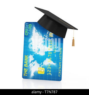 La carta di credito con cappuccio di graduazione isolato su sfondo bianco. Il concetto di istruzione Foto Stock