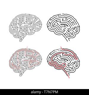 Due labirinti complicato nella forma del cervello, labirinti con percorso rosso solutions isolato su bianco Illustrazione Vettoriale