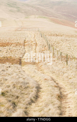 Visualizzazioni di immagini e da escursionismo la fine di del The Pennine Way attraverso aprire espansiva di brughiera su un bellissimo fine giornata invernale. Foto Stock