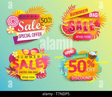 Set di estate vendita e sconti adesivi. Illustrazione Vettoriale